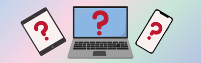 A tablet, laptop, and smartphone with question marks.