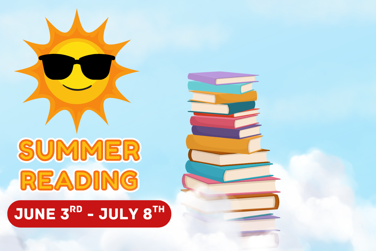 Smiling sun wearing sunglasses next to a stack of books.