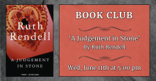 Image shows a vintage Valentine's card with holes in it. The text beside says "Book Club, June 11th at 5:00 pm, A Judgement in Stone by Ruth Rendell"